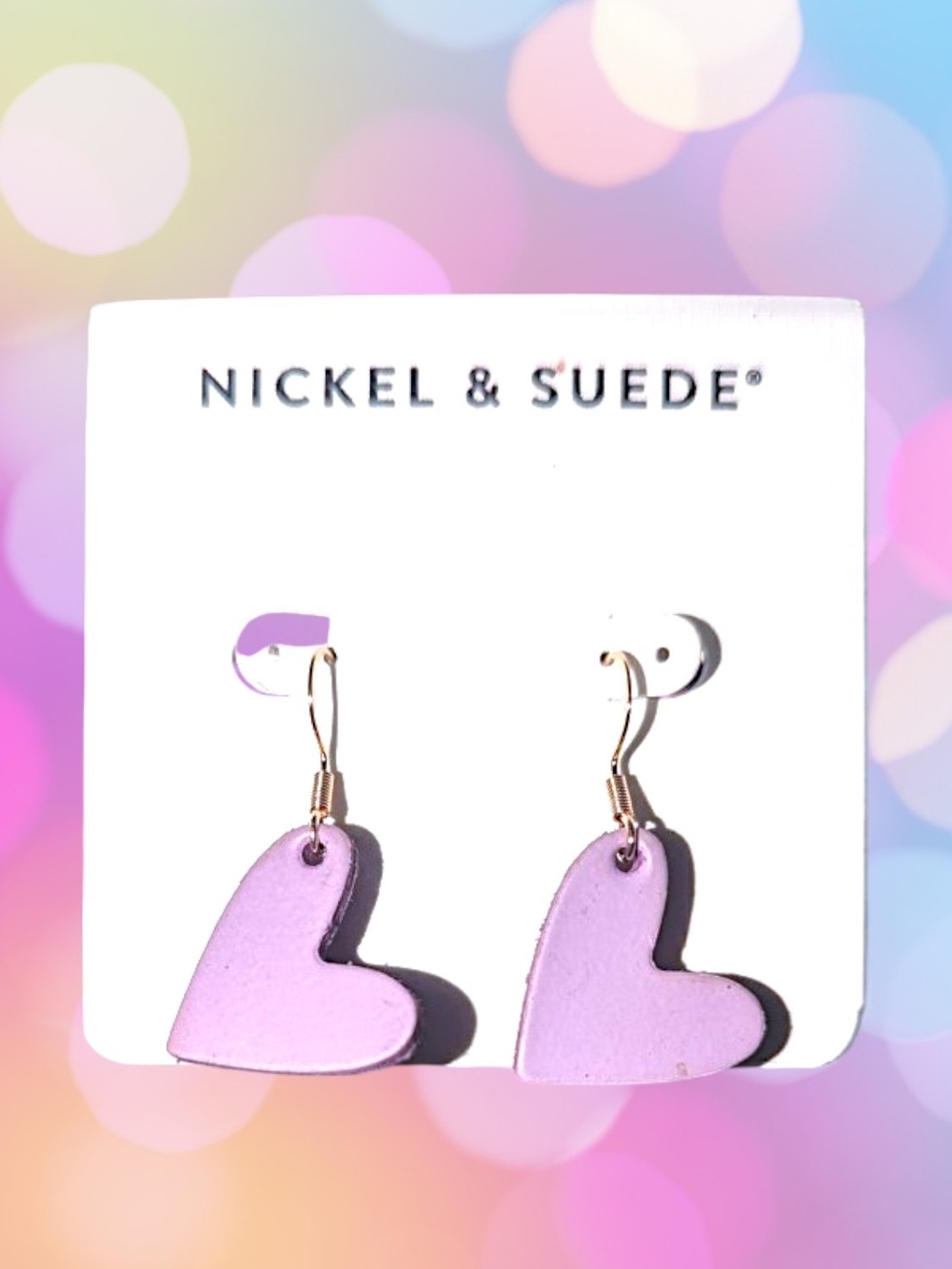 Nickel & Suede Lavender Mini Sweetheart Drop Earrings NWOT